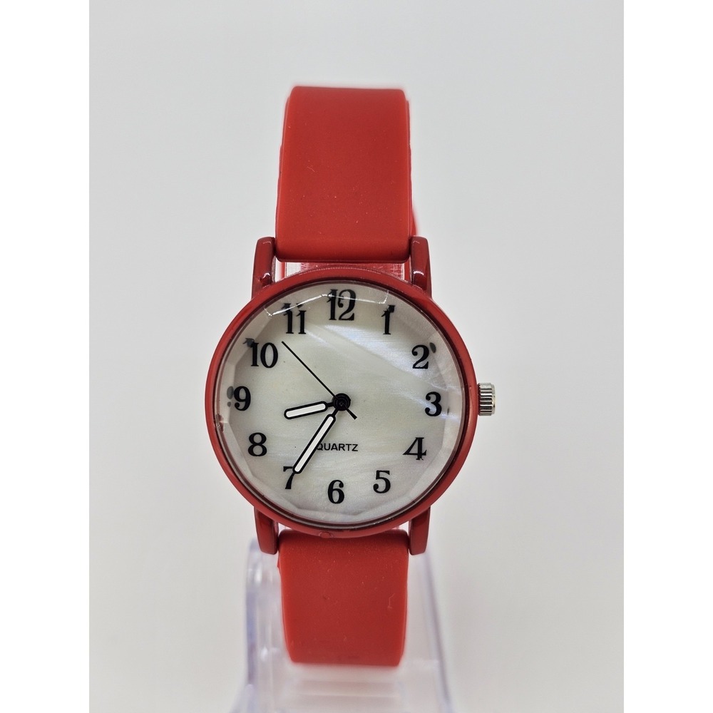 Women's Analog Watch 32MM Cream Dial‎ Red Plastic Bands NEW Battery